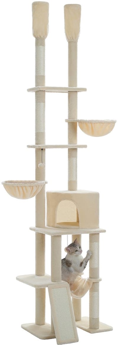 Kattenu DoubleTower - Hoge Krabpaal Plafond - Krabpaal Tot Plafond - Katten Krabpaal Voor Katten - Beige