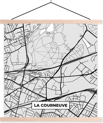 Posterhanger incl. Poster 40x40 cm - Schoolplaat - Stadskaart – Frankrijk – Kaart – La Courneuve – Plattegrond - Textielposter - Blanke latten - Stadskaart