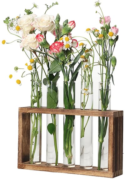Reageerbuizen voor bloemen, 5 stuks met houten standaard, bloemenbuizen voor bloemstukken, waterbuizen voor bloemen, vaas voor planten, tafeldecoratie voor thuis, kantoor