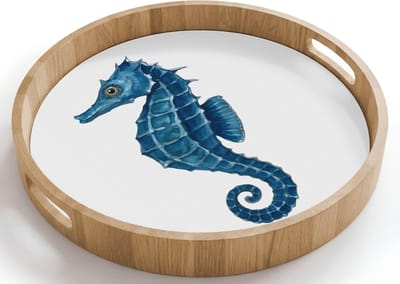 Dienblad rond 40x40 cm - Schootdienblad hout - Zeepaardje - Staart - Blauw - Borrelplank rechthoek - Plateau houten dienbladen