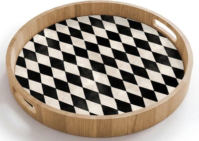 Dienblad rond 40x40 cm - Schootdienblad hout - Klassiek - Patroon - Zwart - Borrelplank rechthoek - Plateau houten dienbladen