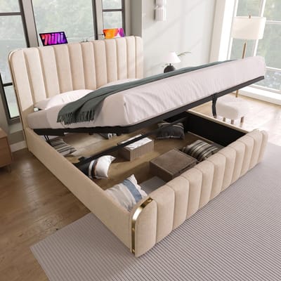VVBV Gestoffeerd Opbergbed 160x200 cm - USB-C, Hydraulische Opbergruimte, Lattenbodem, Linnen, Massief Hout, Zonder Matras