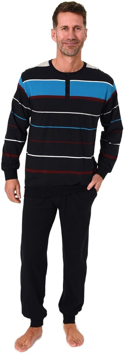 Lange Normann herenpyjama met manchetten in een gestreepte look - ook in grote maten