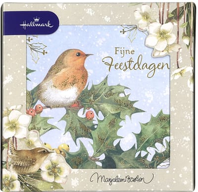 Hallmark - Marjolein Bastin - 16 Kerstkaarten - Roodborstje - Goudfolie - Vierkant - Kerst - Nieuwjaar - 13 x 13 cm