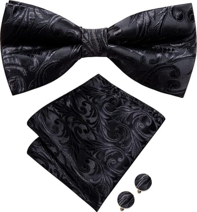Sorprese Vlinderdas Set - Inclusief Pochet en Manchetknopen - 100% Zijde - Paisley Zwart II - Luxe Heren Accessoireset - Strik - Vlinderstrik