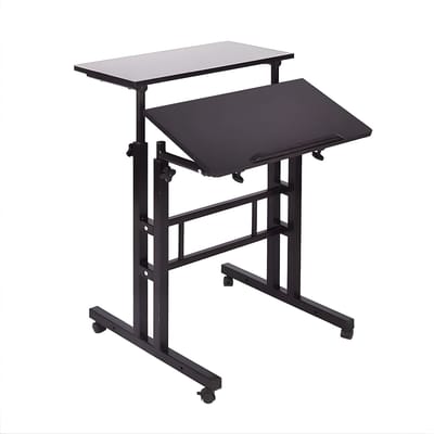 Mobiele Zit-Sta Bureau Verstelbaar - Laptoptafel met Wielen & Kantelblad - Voor Werkstation & Thuiswerk - Metaal/Kunststof - Zwart