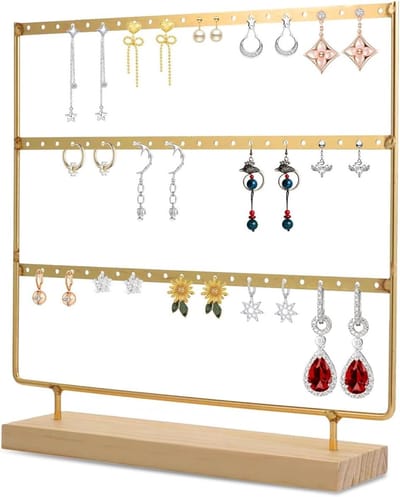 Earring Organizer met 60 Gaten, 3 Laags Sieradenstandaard, Houten Basis voor het Ophangen van Oorbellen en Sieraden Display