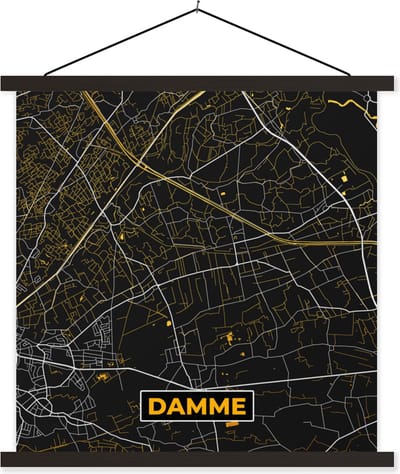 Posterhanger incl. Poster 60x60 cm - Schoolplaat - Black & gold - Stadskaart - Plattegrond - Damme - Kaart - Textielposter - Zwarte latten - Stadskaart