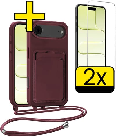 Hoesje Geschikt voor iPhone Air Telefoonhoesje Met Koord Case Pashouder Met 2x Screenprotector Siliconen - Hoes Geschikt voor iPhone Air Hoesje Met Kaarthouder - Aubergine