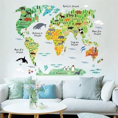 Muursticker Wereldkaart Dieren Full Color - Kinderkamer - 95 x 73 cm