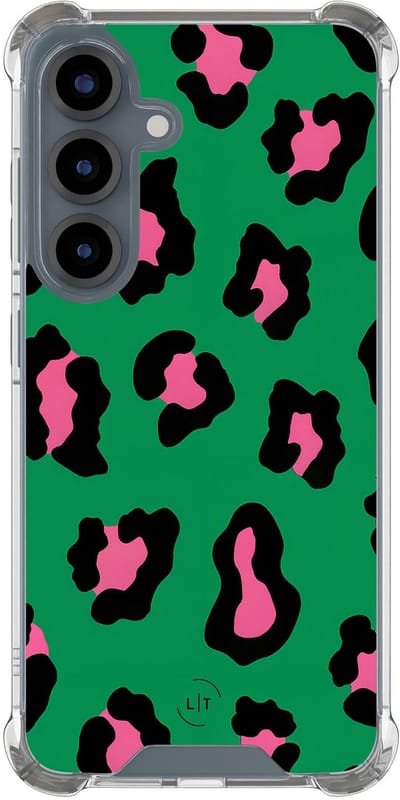 Shockproof hoesje - Geschikt voor Samsung Galaxy S25 - Luipaard groen roze - Extra sterke case - TPU/polycarbonaat - Luipaardprint - Groen, Roze, Transparant
