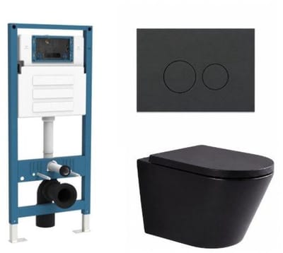 QeramiQ Dely Toiletset - inbouwreservoir Qeramiq Flush - 35mm zitting - kunststof mat antraciete bedieningsplaat - ronde knoppen - mat zwart