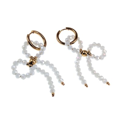 ∅19mm x 2,5mm Oorbellen Dames - Verguld RVS - Gebroken Witte Strik Bungelende Oorbellen - Oorringen met Hanger