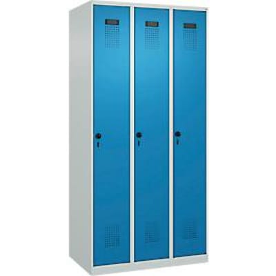 Garderobekast C+P Evolo Plus, 3 vakken, rechts scharnierend, veiligheidsdraaigrendel, B 900 x D 500 x H 1850 mm, lichtgrijs/lichtblauw