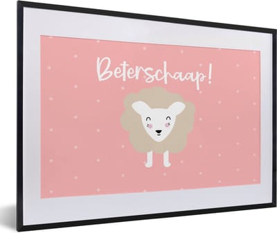 Fotolijst incl. Poster - Get well soon - Quotes - Roze - Schaap - 60x40 cm - Posterlijst