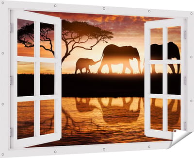 Gards Tuinposter Doorkijk Schotse Hooglander Koe in de Bergen - 180x120 cm - Tuindoek - Tuindecoratie - Wanddecoratie buiten - Tuinschilderij