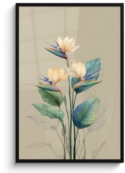 Poster in lijst - Fotolijst 80x120 cm - Posters - Paradijsvogelbloemen - Blauwgroene bladeren - Beige - Posterlijst zwart - Decoratie - Wanddecoratie woonkamer - Muurdecoratie slaapkamer