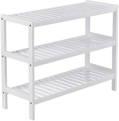 Opbergrek Schoenenrek Staand rek Met 3 open opbergniveaus Stevig en duurzaam bamboeraam Modern en stijlvol gestreept ontwerp Geschikt voor hal Badkamer Woonkamer en gang 70 x 26 x 55 cm Wit