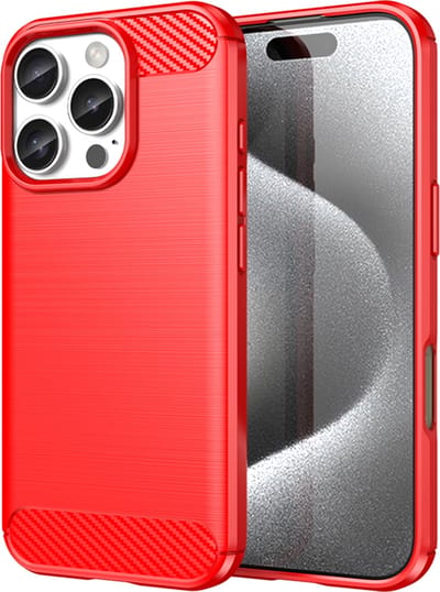 MobyDefend Hoesje - Geschikt voor iPhone 16 Pro - TPU Backcover - Geborstelde Metaal & Carbon-Look - Rood