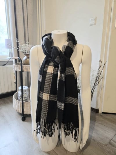 Zachte sjaal geruite scarf ZWART herfst - winter - wol en viscose - geschikt voor dames en heren 1st