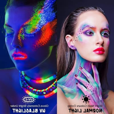 Face Paint Kit met 15 Neon Kleuren, UV Glow Make-up Palet met 2 Kwasten en 40 Sjablonen voor Feestjes, Carnaval en Lichaamsverf voor Volwassenen en Kinderen, Veilig en Niet Giftig