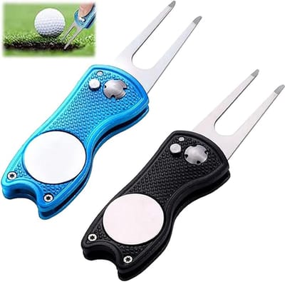 Set van 2 Golf Green Repair Pitch Forks met Opvouwbare Functie en Magnetische Markering voor Golfclubs en Buitenactiviteiten