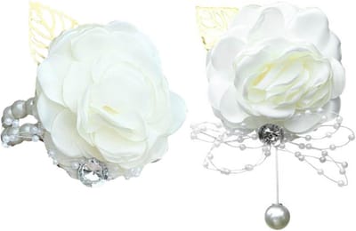 Corsage Armband - Polsbloem met Parels - Feestelijke Gelegenheid - Satijnen Lint Versiering - 10 x 6 cm - Wit