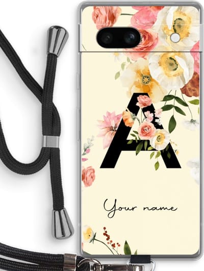 Gepersonaliseerd - Case Company® - Hoesje met koord geschikt voor Google Pixel 7A hoesje met Koord - Flirty Flowers Monogram - Telefoonhoesje met Zwart Koord - Bescherming aan alle Kanten en Over de Schermrand