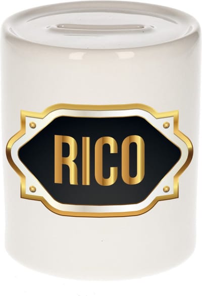 Spaarpot met voornaam Rico - wit - met goud/zwart embleem - 8 x 9 cm - keramiek - met afsluitdop - cadeau verjaardag