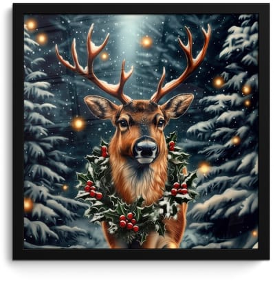 Poster in lijst - Fotolijst 40x40 cm - Posters - Kerst - Magie - Bos - Kleurrijk - Posterlijst zwart - Decoratie - Wanddecoratie woonkamer - Muurdecoratie slaapkamer - Kerstversiering - Kerstdecoratie voor binnen - Kerstmis