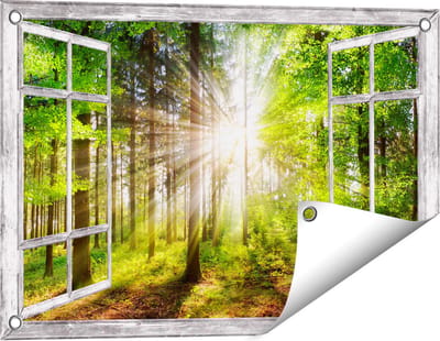 Gards Tuinposter Doorkijk Bos met Zon tussen de Bomen - 60x40 cm - Tuindoek - Tuindecoratie - Wanddecoratie buiten - Tuinschilderij