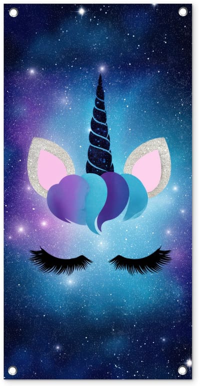 Tuinposter 40x80 cm - Tuindecoratie Eenhoorn - Sterren - Magisch - Blauw - Poster voor in de tuin - Buiten decoratie - Schutting tuinschilderij - Tuindoek muurdecoratie - Wanddecoratie balkondoek