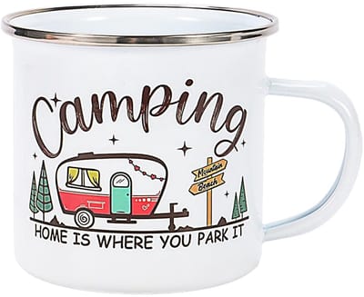 Dailygoods- Emaille Beker Duurzaam - Camping Beker - Kinderbeker Gepersonaliseerd - Outdoor Accessoire - Robuust - Wit Motief 'Home Is Where You Park It - Campingbeker