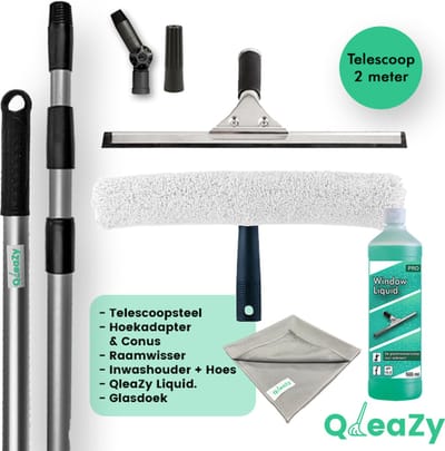 Glazenwasser SET | Zeemset 35cm met 2 meter telescoopsteel | Professioneel 6in1 | Ramen wassen met plezier!