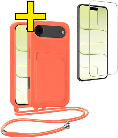 Hoesje Geschikt voor iPhone Air Telefoonhoesje Met Koord Case Pashouder Met Screenprotector Siliconen - Hoes Geschikt voor iPhone Air Hoesje Met Kaarthouder - Papaya