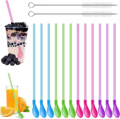 Set van 12 herbruikbare lepelrietjes met 2 reinigingsborstels voor milkshakes en cocktails