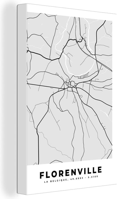 Canvas Schilderij Kaart – Plattegrond – Stadskaart – Florenville – België – Zwart Wit - 20x30 cm - Wanddecoratie