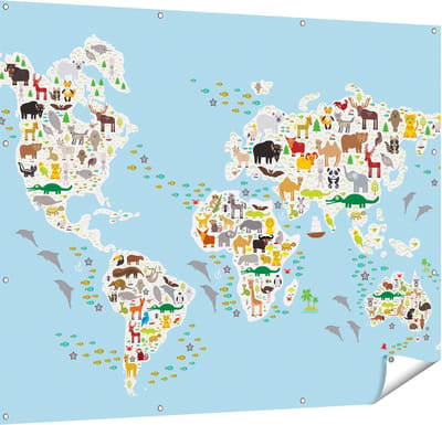 Gards Tuinposter Wereldkaart met Dieren - 150x120 cm - Tuindoek - Tuindecoratie - Wanddecoratie buiten - Tuinschilderij