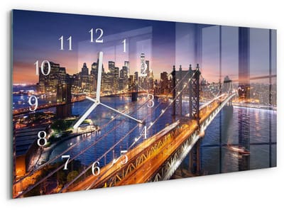 Tulup Wandklok - New York Wandklok Glas Met Motief - 60x30 cm - Paars Decoratieve Glazen Klok - Witte Handen - Rechthoekige Wandklok - Wandklok Glas Decoratie - Gekleurde Glazen Klok