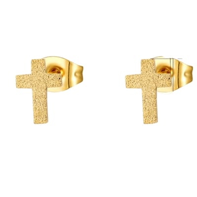Aramat Jewels | Oorbellen | Matte RVS kruisjes Oorbellen 9x7mm | Goudkleur | |7mm | Staal | Kinderen, Volwassenen | Verkleurd niet