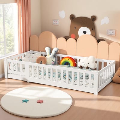 Wit Massief Houten Kinderbed 90x200 cm met Veiligheidsrail – Stevig Peuterbed van Dennehout met Lattenbodem