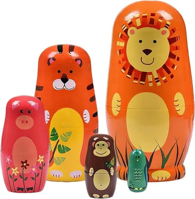 Handgemaakte Matroschka Poppen van Hout - 5 Delen Dierenfiguren, Cartoon Decoratie en Verjaardagscadeau voor Kinderen vanaf 3 Jaar