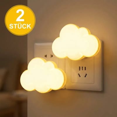 Twee LED-nachtlampjes, met stekker, lichtsensor, creatief wolkvormig ontwerp, automatische schakelaar, energiebesparend, zacht licht, geschikt voor slaapkamers, gangen en badkamers.