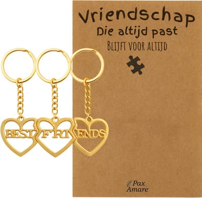 BFF Sleutelhanger voor 3 'Vriendschap die altijd past' - 3 hartjes - Best Friends - Sleutelhanger set op Cadeau Kaartje - Goudkleurig - Vriendschap Symbool - Pax Amare
