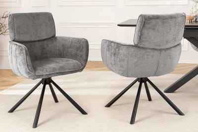 Draaibare Retro Stoel UNIEK Grijs Chenille Zwart Metalen Frame met Armleuning - 46321