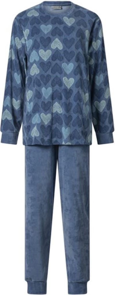 Lunatex - warme dames pyjama Hearts 124235 - velours - blauw - maat L