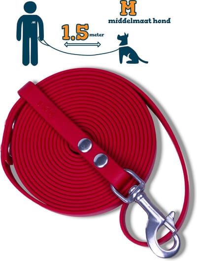 Miqdi hondenriem - BioThane® – rood – 1.5 meter lang – 13mm breed – M – middelmaat hond