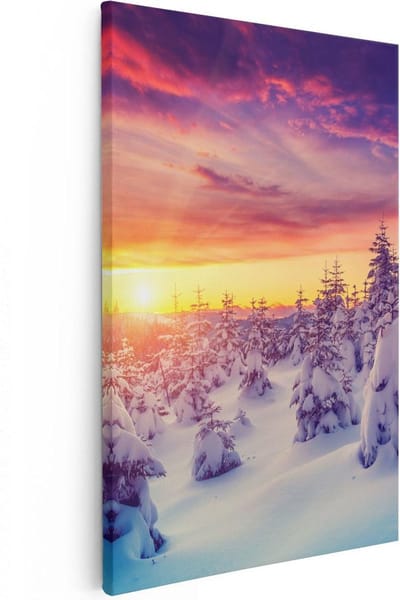 Artaza Canvas Schilderij Bergen - 20x30 cm - Klein - Wanddecoratie Winter - Muurdecoratie Zon - Kamer Accessoires Bos