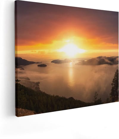 Artaza Canvas Schilderij Zee En Bergen - 50x40 cm - Wanddecoratie Zonsondergang - Muurdecoratie Natuur - Kamer Accessoires Woonkamer