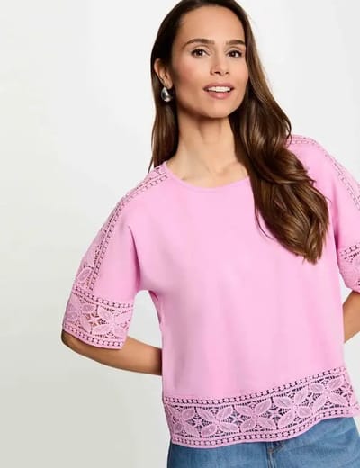 Morgan - T-shirt met kanten rand en ronde hals 261-Dtal Pink - Maat : XS